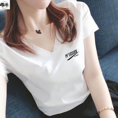 专注品质-2021夏装新款V领T恤女短袖百搭韩版印花体恤半袖上衣女小衫运动T恤娇卡朵