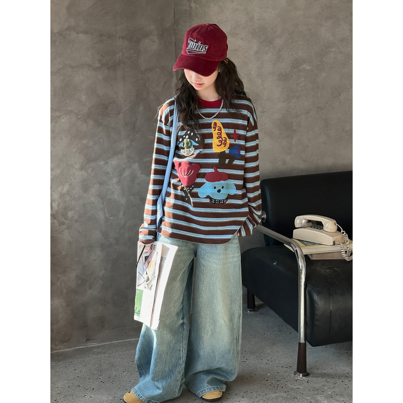 女童春装撞色条纹套装2026新款卡通T恤大童牛仔裤洋气时髦两件套