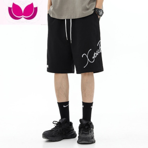 七斓美式运动裤男款夏季潮牌刺绣字母短裤卫裤宽松直筒休闲五分裤子