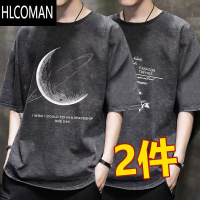HLCOMAN短袖t恤男士夏季潮牌宽松水洗做旧5七分半袖上衣潮流印花体恤