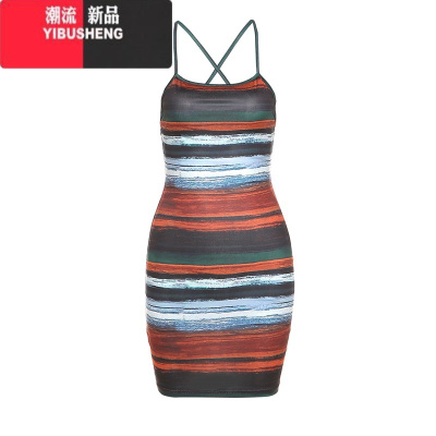 YIBUSHENG## 氛围感浪漫气质复古条纹显瘦吊带裙女 收腰油画连衣裙