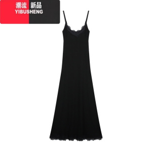 YIBUSHENG高级感黑色蕾丝花边吊带连衣裙女春季收腰显瘦鱼尾裙子潮