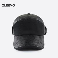 / 冬季护耳PU皮质棒球帽男士中老年保暖加绒鸭舌帽