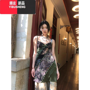 YIBUSHENG复古vintage辣妹拼接镂空印花吊带连衣裙 图片色 均码