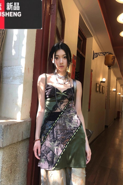 YIBUSHENG复古vintage辣妹拼接镂空印花吊带连衣裙