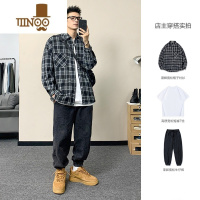 YANXU日系潮牌长袖格子衬衫套装男2023复古休闲宽松衬衣男一套搭配