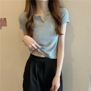 小V领短款设计感修身上衣女夏季露脐纯色短袖T恤女性感女装潮