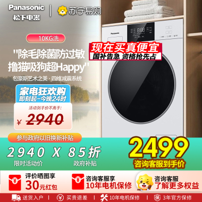 松下全自动10公斤滚筒洗衣机XQG100-F2A1 一级能效不锈钢内桶大海豹系列