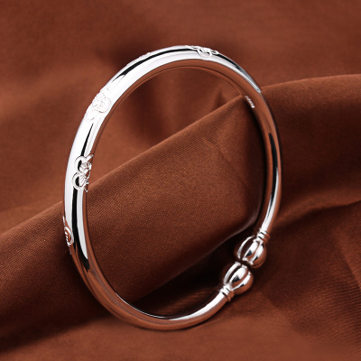 梅花银手镯9999纯银女开口实心南瓜头银镯子送给妈妈母亲节礼物送女朋友老婆情人节七夕生日礼物