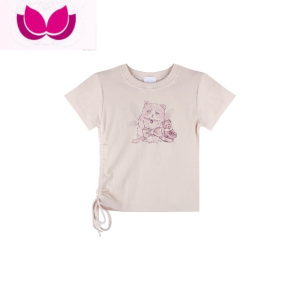 七斓别致正肩辣妹猫咪印花短袖T恤女夏季设计感小众修身短款抽绳上衣