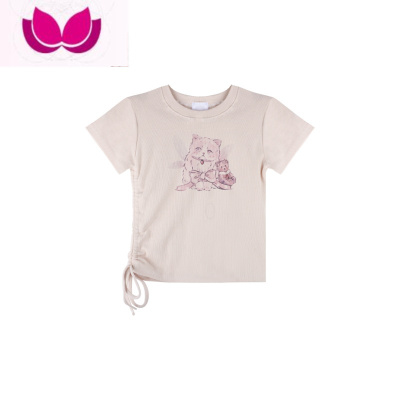 七斓别致正肩辣妹猫咪印花短袖T恤女夏季设计感小众修身短款抽绳上衣