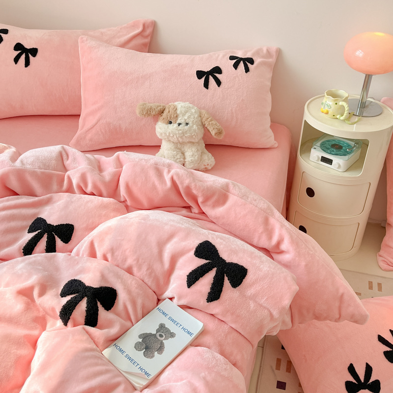 ins蝴蝶结A类牛奶绒床上四件套冬季加厚双面法兰绒被套宿舍三件套