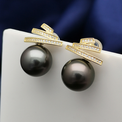 当季新品海瞳大溪地黑珍珠耳钉大气时尚海水珍珠耳钉女罗马假日-正圆品牌珠宝首饰礼物送老婆爱人耳饰