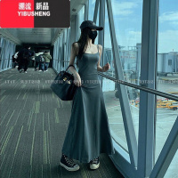 YIBUSHENG度假吊带长裙A字大裙摆内搭显瘦低胸露背无袖高腰连衣裙