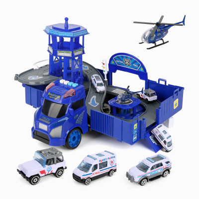 勾勾手(gougoushou)儿童益智玩具大号变形警车玩具车可升降滑道收纳停车场3-6岁男孩带灯光音乐警车停车场-蓝色