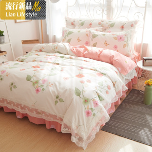 韩版床裙式棉春秋季四件套蕾丝花边棉公主风简约1.8m床上用品 三维工匠