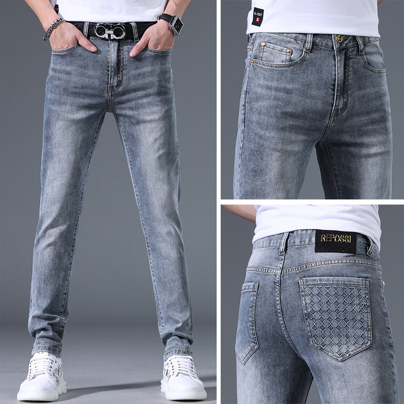 高端浅蓝色牛仔裤男士夏季薄款欧版刺绣潮流修身小脚休闲长裤子男