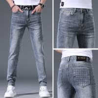 高端浅蓝色牛仔裤男士夏季薄款欧版刺绣潮流修身小脚休闲长裤子男