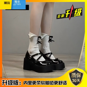 聚范黑色法式高跟厚底小皮鞋女2024新款夏季蝴蝶结复古浅口玛丽珍单鞋