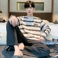 啄木鸟男士睡衣春秋季2025新款纯棉长袖长裤大码休闲家居服秋冬款