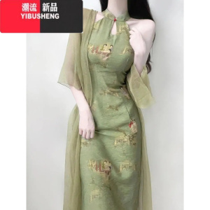 YIBUSHENG大码胖妹妹新中式古风改良旗袍少女高端气质精致挂脖连衣裙女季