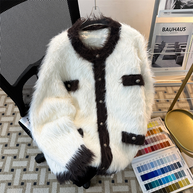 春秋季新款水貂绒情侣毛衣外套男女众小香风撞色开衫时尚百搭毛衣