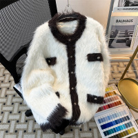 春秋季新款水貂绒情侣毛衣外套男女众小香风撞色开衫时尚百搭毛衣