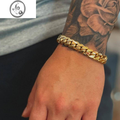 JiMi欧美不掉色8mm金色钛钢古巴手链男士嘻哈情侣金链银色粗手饰女潮