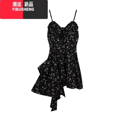 YIBUSHENG黑色纯欲内搭碎花裙吊带裙雪纺连衣裙女季气质收腰显瘦短款裙子