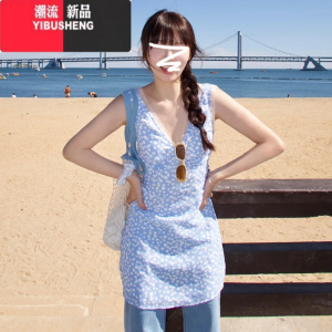 YIBUSHENG蓝色碎花连衣裙子女装季2024新款气质绝美看海边度假沙滩裙