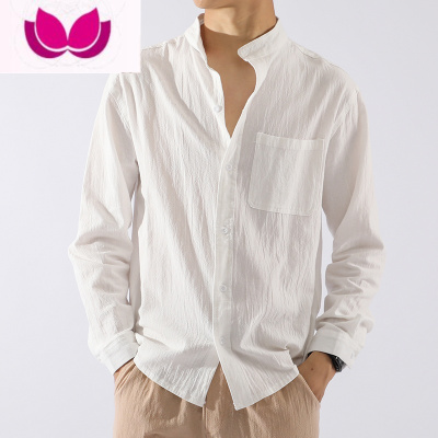 七斓夏季亚麻衬衫男长袖修身休闲薄款纯色日系复古工装棉麻料衬衣