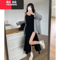 YIBUSHENG黑色吊带连衣裙外搭罩衫胖mm大码女装御姐风修身长款设计感开叉裙
