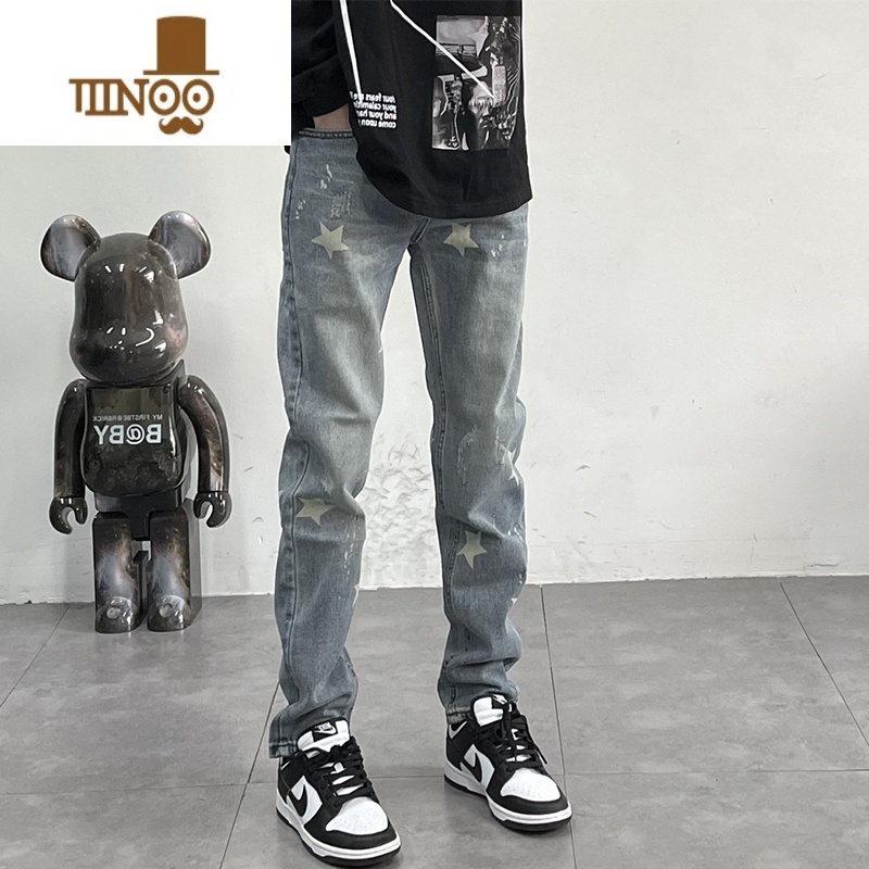 YANXU美式高街设计感牛仔裤男复古水洗做旧直筒裤休闲宽松星星泼墨长裤
