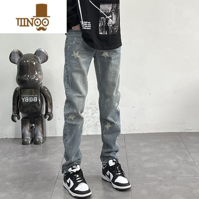 YANXU美式高街设计感牛仔裤男复古水洗做旧直筒裤休闲宽松星星泼墨长裤