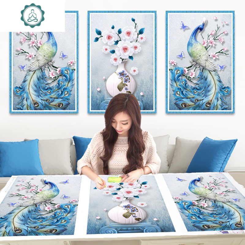 封后(fenghou)5d钻石画满钻客厅孔雀三联画全贴钻十字绣钻石绣2019