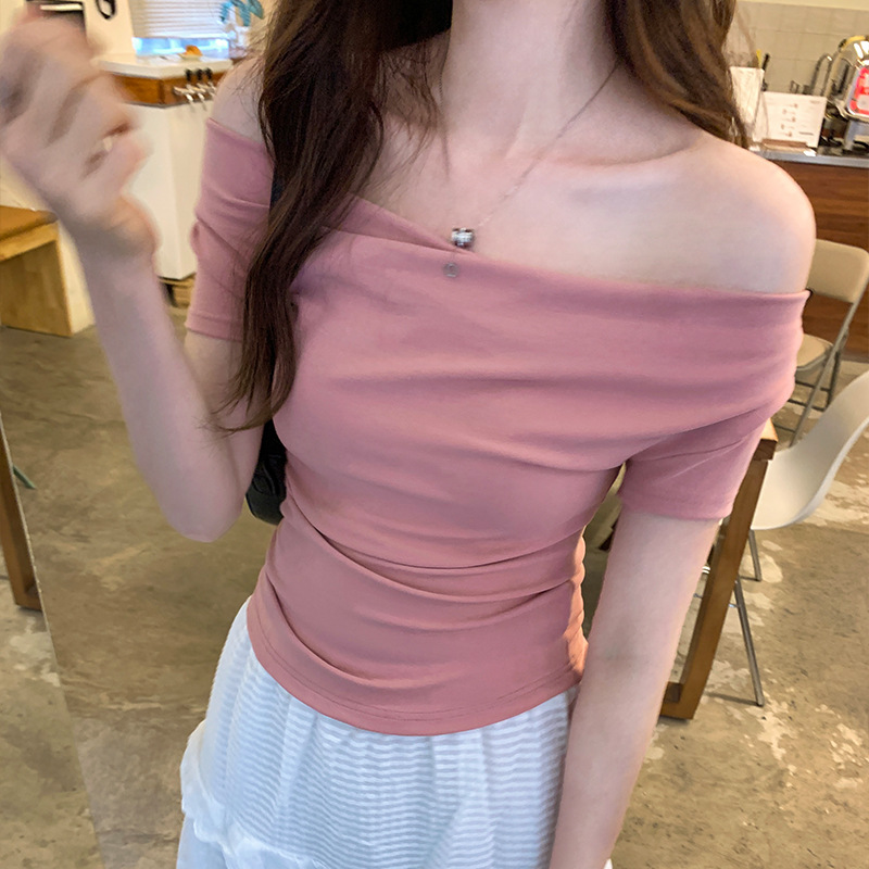 设计感荡领一字肩短袖T恤女2025夏季修身辣妹修身露肩短款上衣潮
