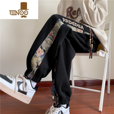 YANXU小熊拼接裤子男秋季潮牌ins高街美式痞帅针织卫裤vibe束脚运动裤