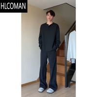 HLCOMAN黑色亨利领华夫格长袖t恤男高级感cleanfit卫衣内搭打底上衣