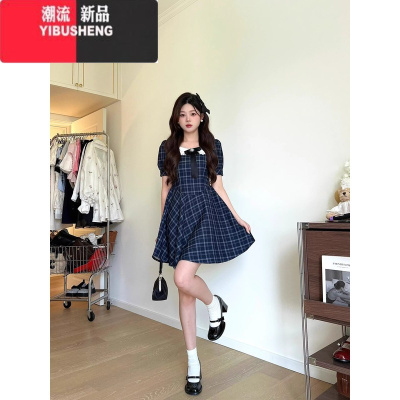YIBUSHENG甜辣妹格纹连衣裙女季娃娃领学院风日系公主裙法式初恋蓬蓬裙子