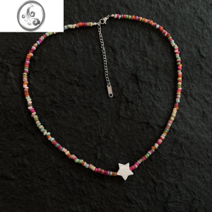 JiMiins简约小众石彩色贝壳串珠项链马卡龙少女度假风叠戴锁骨链