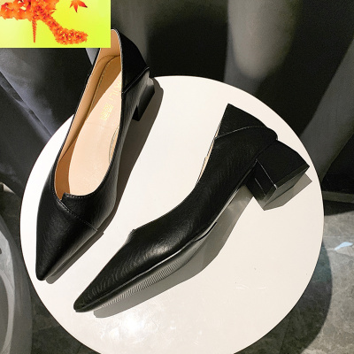 女鞋2020新款春季浅口尖头女士中粗跟单鞋网红晚晚两穿黑色高跟鞋简畅休闲鞋