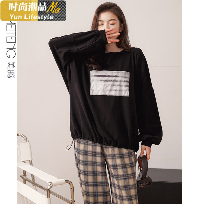 YUNWUXIN美腾春秋棉睡衣时尚洋气网红女士格子家居服套装新款长袖可外穿睡衣