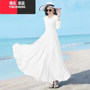YIBUSHENG演出双层大摆跳舞长裙长袖雪纺连衣裙沙滩裙大码三亚旅游拍视频秋