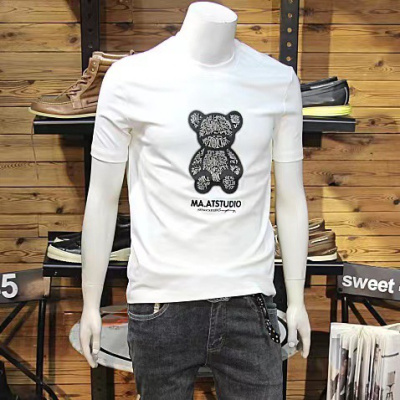 短袖T恤熊印花潮款青年圆领丝光棉修身休闲半袖T恤百搭欧洲站