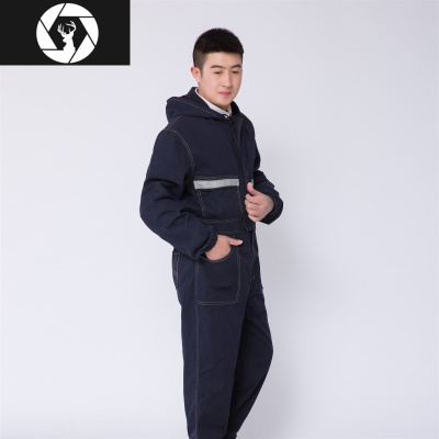 HongZun时尚牛仔连体工作服电焊工喷漆汽修机修防尘工装反光条长袖劳保服工装制服