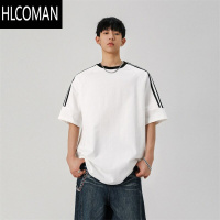 HLCOMAN校园风三条杠短袖t恤男2025美式青少年宽松百搭圆领半袖