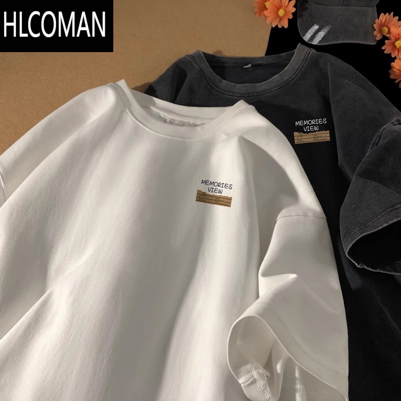 HLCOMAN藏青色短袖t恤男美式半袖三本针精梳棉夏季潮牌藏蓝色7七分袖