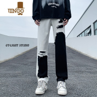 YANXU黑白拼接微喇牛仔裤男高街美式设计感鸳鸯裤子痞帅炸街窄版阔腿裤