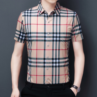 策霸2021新款夏季短袖衬衫男格子网红同款潮流休闲薄款翻领男士衬衣