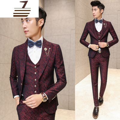 NEWLAKE韩版修身型新郎结婚礼服西装三件套主持人提花色演唱会西服套装男
